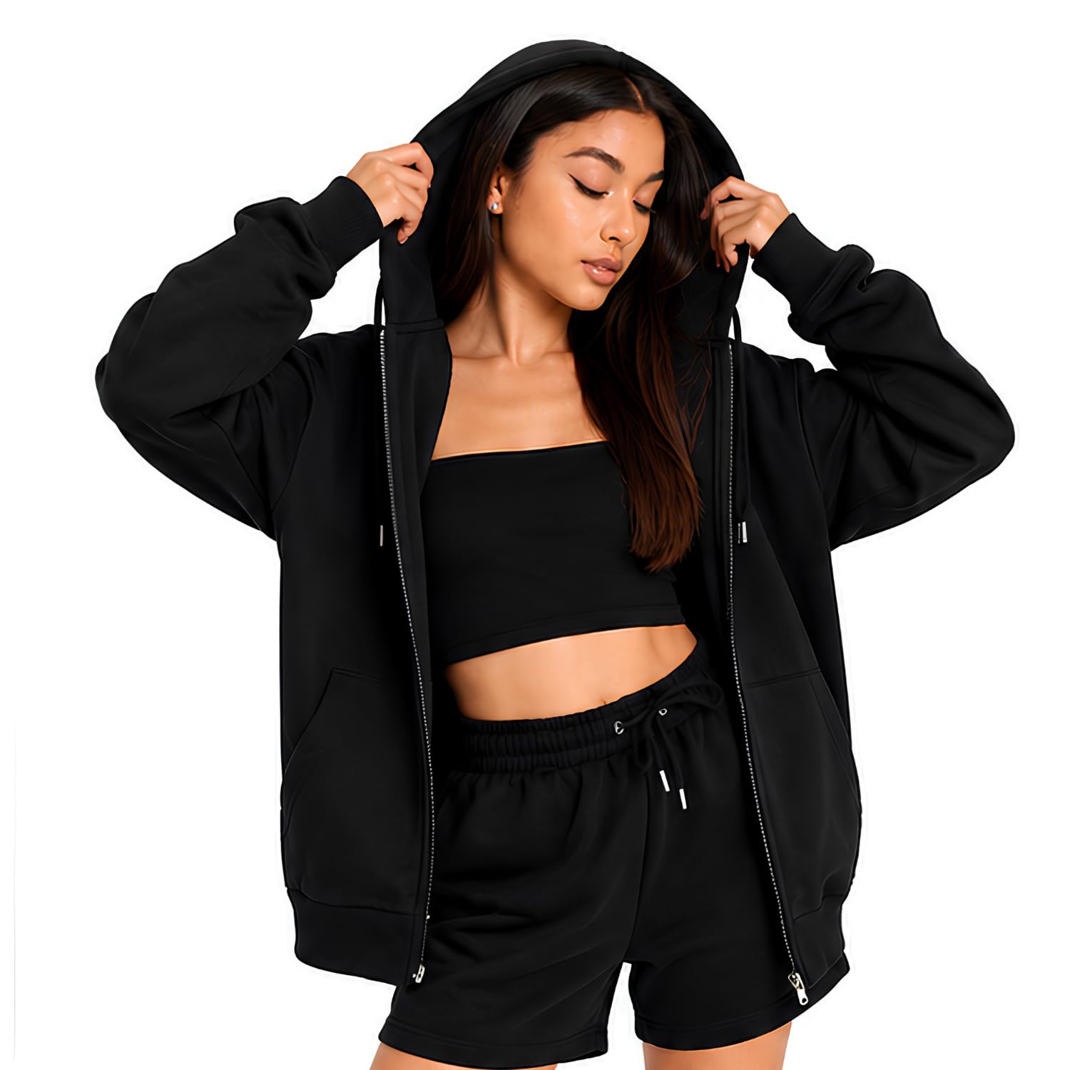 Solid Hoodie Long Sleeve Front Zipper with 2 Pockets Sweatshirt for Women-image-30