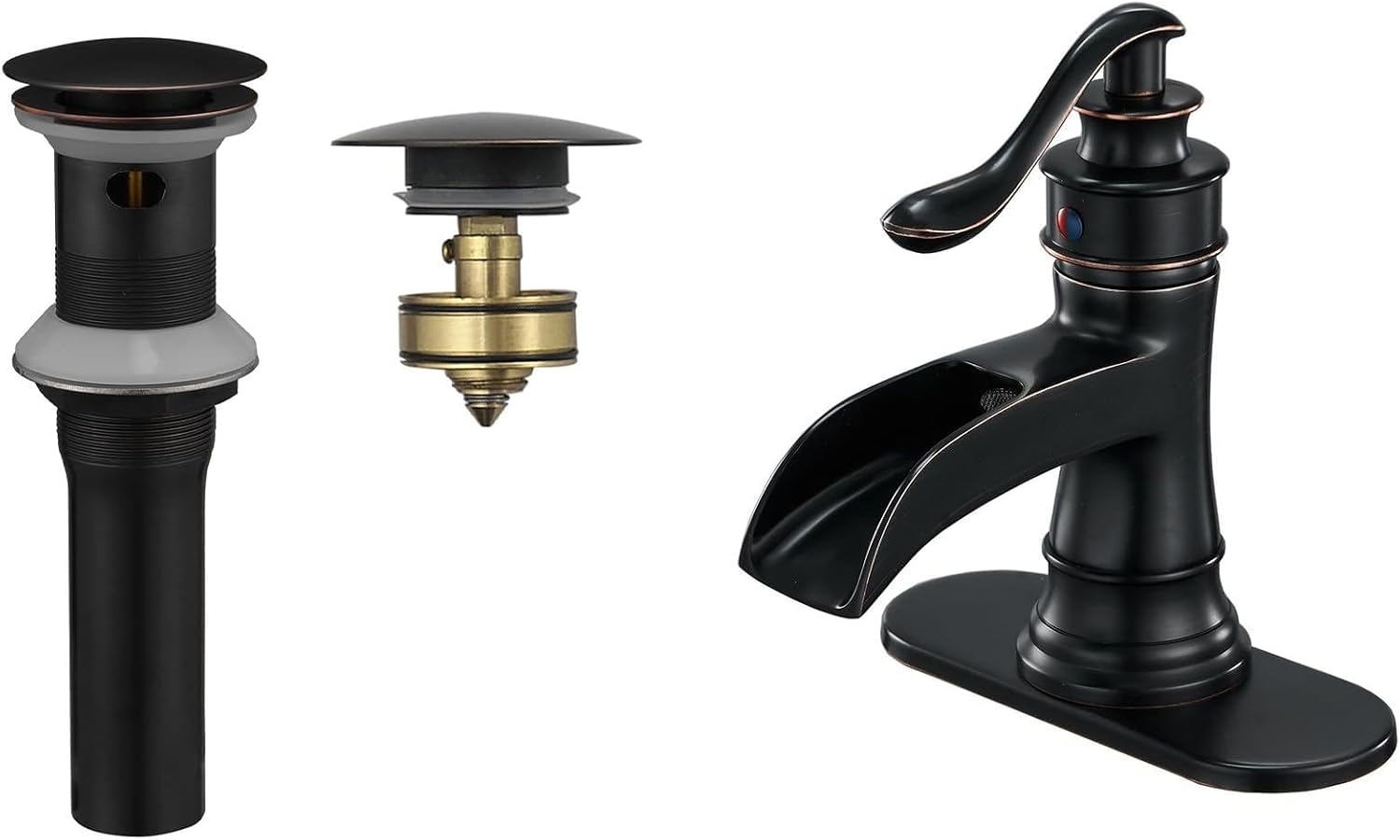 BWE Waterfall Bathroom Faucet Oil Rubbed Bronze Single-Handle One Hole Sink Faucet Bundle with Oil Rubbed Bronze One Piece Bathroom Vessel Sink Drain Stopper with Overflow Pop Up