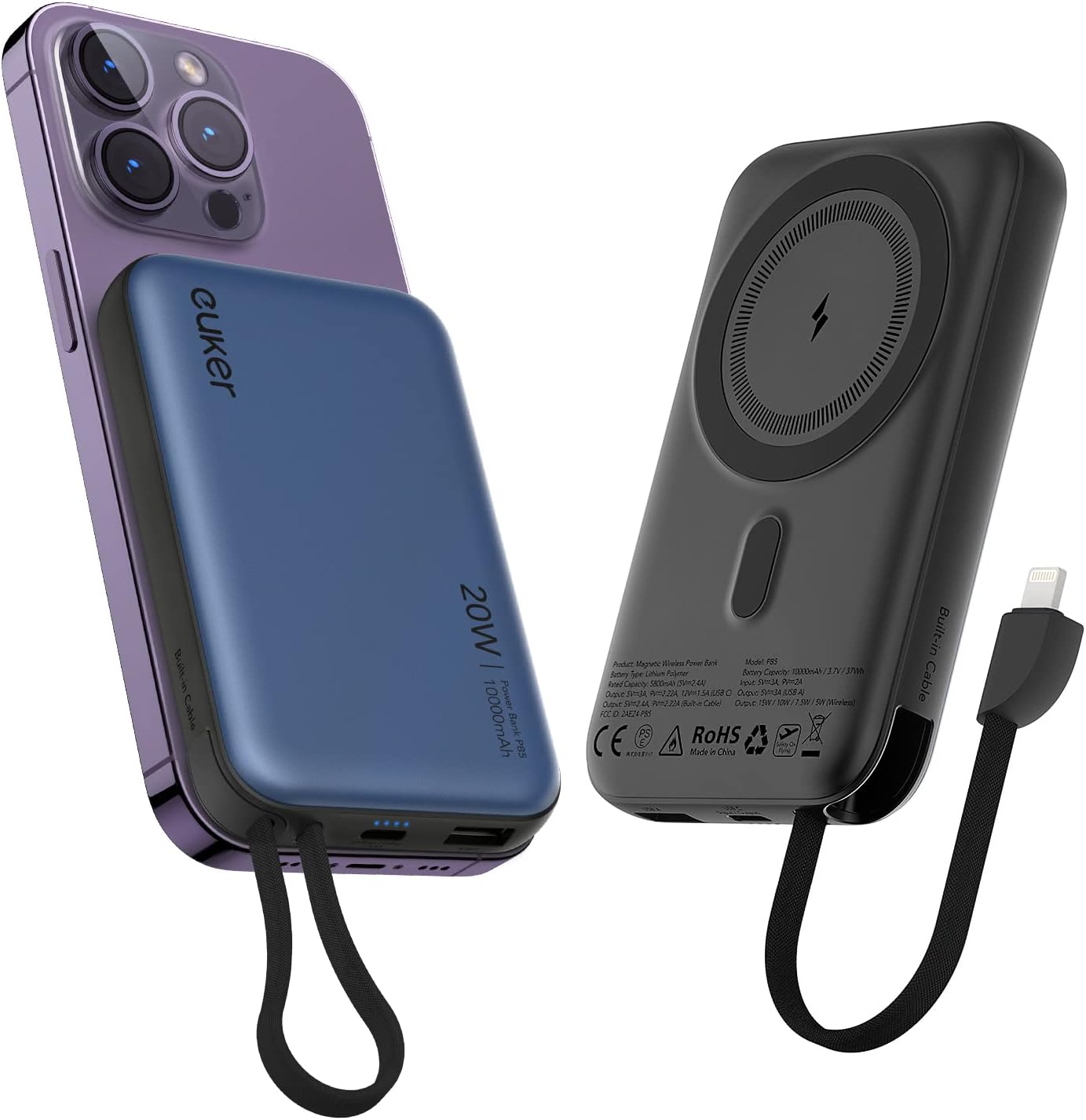 Ṣaja To ṣee gbe, 10000mAh 20W PD Ngba agbara gbigba agbara Agbara Alailowaya Alailowaya Alailowaya, USB-CA in & Out Batiri Pack fun iPhone 141312 Series, Samsung, Android