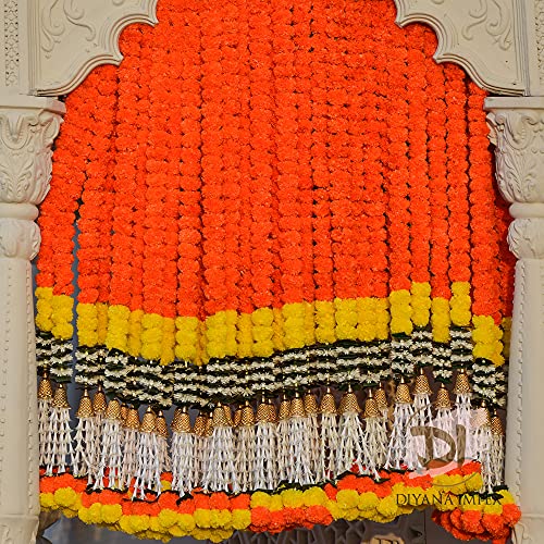 Diyana Impex Marigold Garland For Decoration 5 Feet Long Artificial Marigold Flowers 2 Pc, Christmas Decorations Indian Décor For Pooja, Wedding, Events, Diwali, Halloween Decor With 2 Diyas #TOP3
