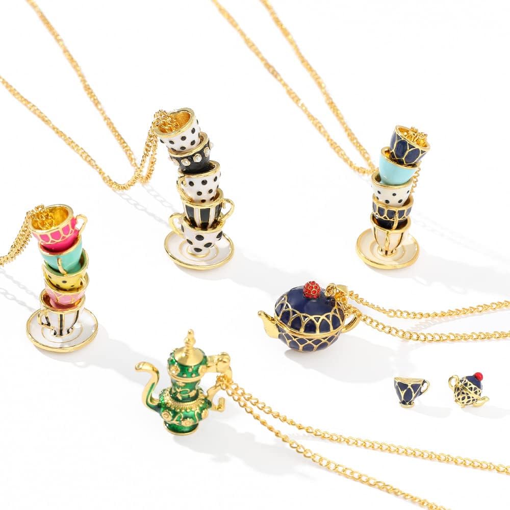 Dainty Funny Stacked Enamel Teacup Necklace, 3D Interlock Teapot Coffee Tea Cup Pendant Elegant Teacup Long Sweater Necklace for Women image 3