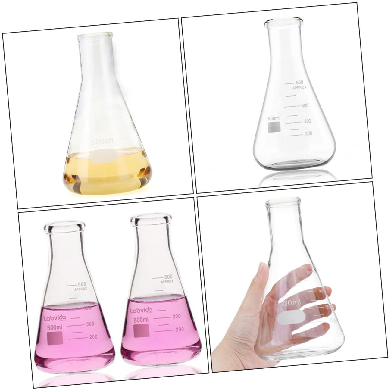 SHINEOFI Set di 5 Palloni Conici in Vetro Borosilicato Spesso, Piani e Resistenti per Uso in Laboratorio Chimico e Bollitura, per Esperimenti Scientifici