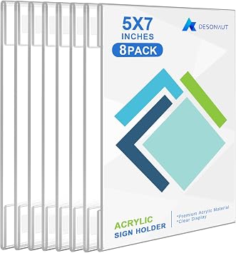Acrylic Sign Holder 5x7 inches,Clear Acrylic Frames with Tape Adhesive ,Wall Sign Photo Picture Flyer Menu Poster Memo Holders for Office, Home, Restaurant,No Drilling,Vertical8pack