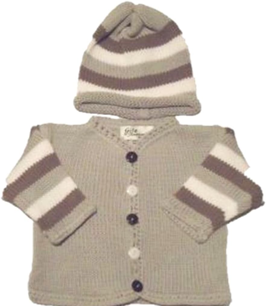 Knitted Crochet Finished Grey Cotton Multi Stripe Cardigan Hat Size 0-6 Month