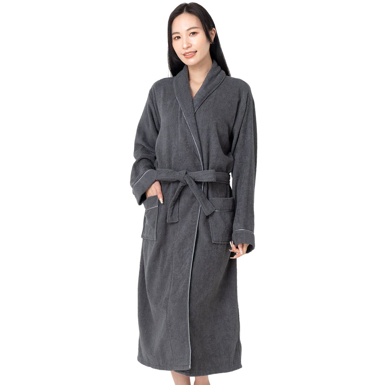 Originlife Bathrobe Gown, Terry Fabric, with Pockets, Quick Dry, 100% Cotton, Loungewear, for Bath, Onsen, Nursing, Maternity, Pair Bathrobe, Roomwear, Quick Dry, Gift, Women Free size gray (dark gray)