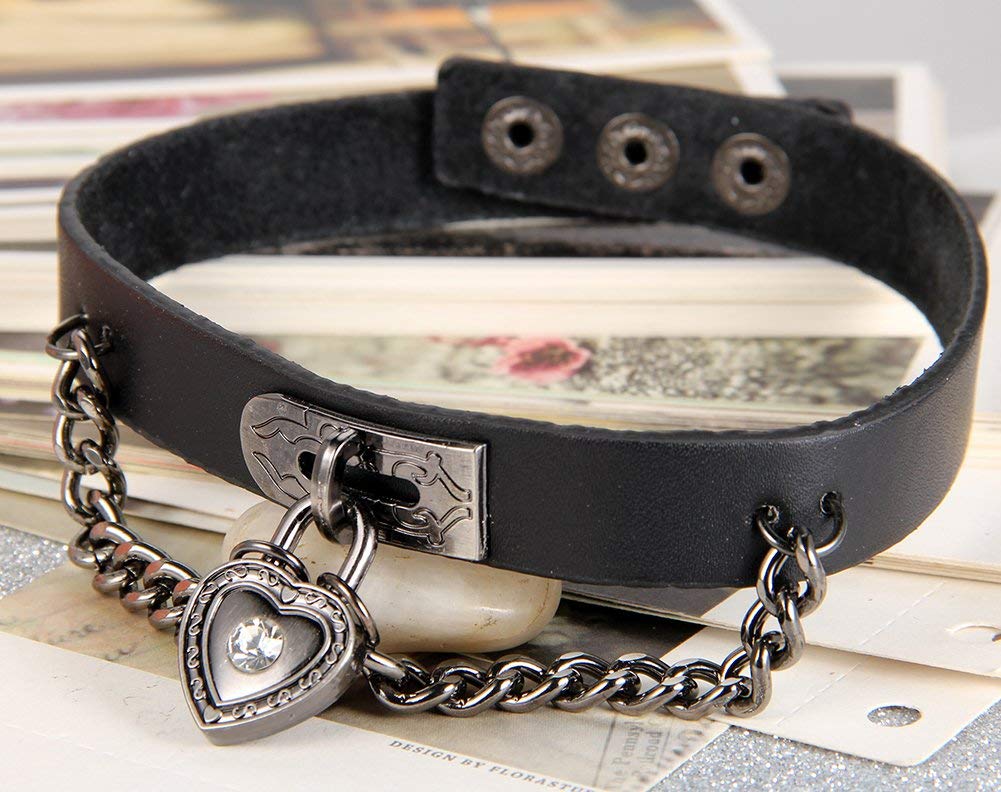 Flongo Womens Men's Fashion Punk Alloy Cool Gothic Heart-Shape Lock Link Leather Collar Choker Necklace