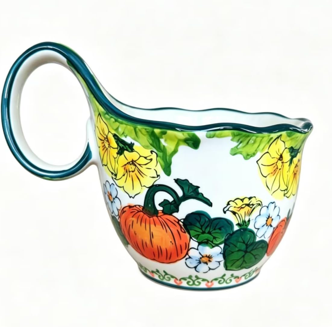 Floral Ceramic Bowl w/ Loop Handle – 15.2ozoz Soup/Cereal, Microwave Safe