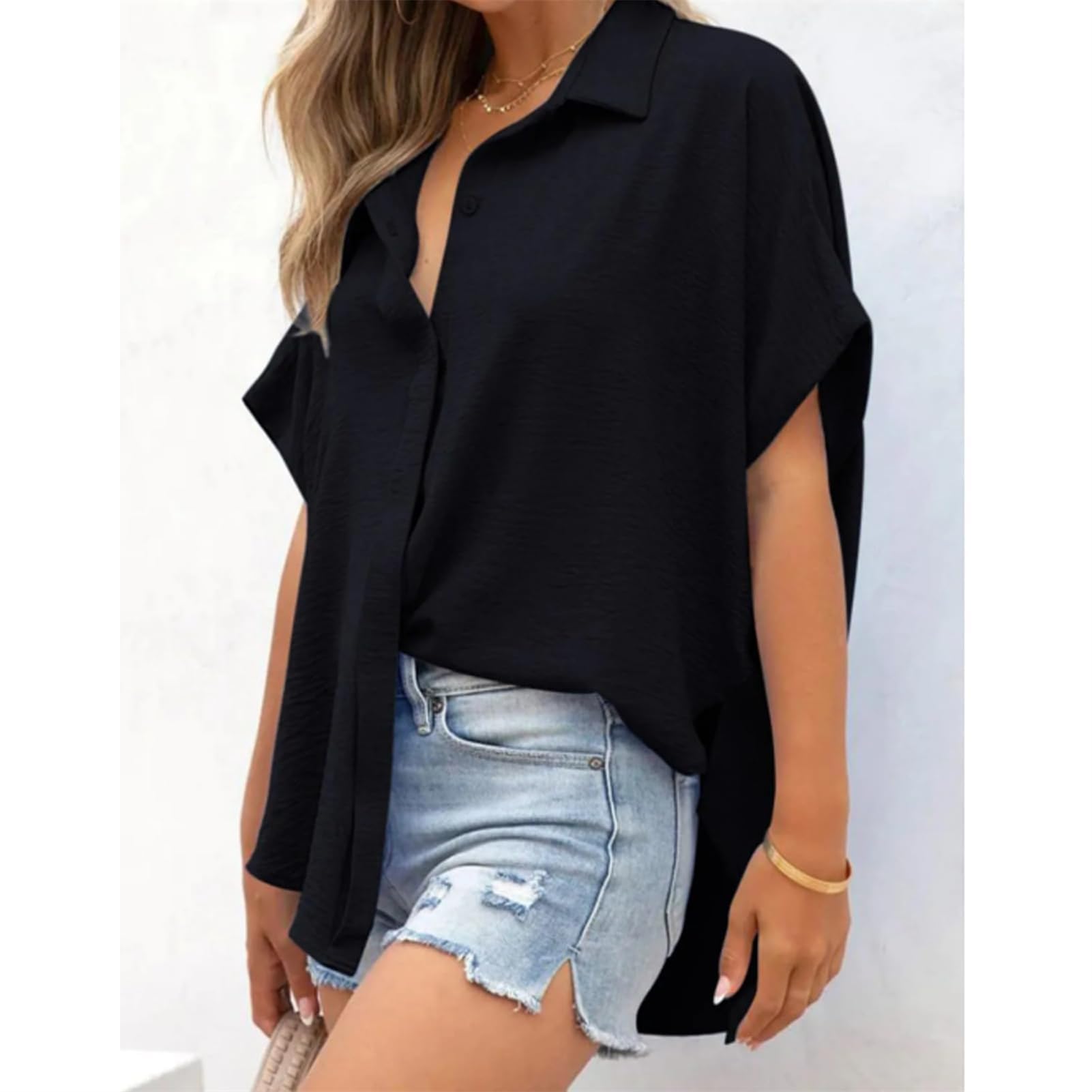 Normaltly T-shirt uni pour femme décontracté à manches courtes avec fente au niveau de l'ourlet, couleur unie, col en V, coupe tunique