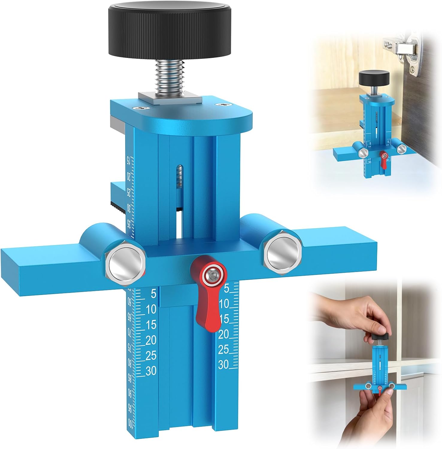 Upgrade 3 in 1 Cabinet Door Mounting Jig with Support Base for Frameless or Face Frame Cabinet Doors, Adjustable Aluminium Alloy Furniture Hardware Jig, Rebound Device Tool Installation Positioner