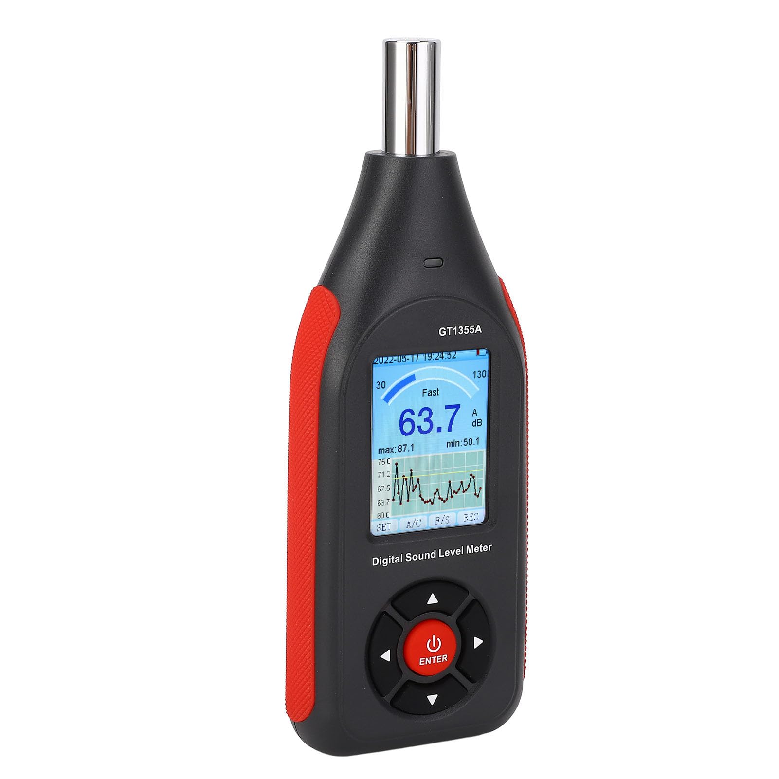 Fonometro portatile con schermo LCD retroilluminato e modalità di risposta rapida e lenta - Lettore digitale del livello di rumore con misurazione di temperatura e umidità -