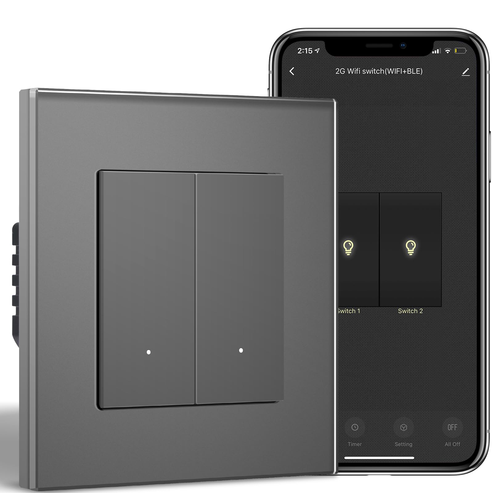 BSEEDLIFE Smart Light Switch,Intelligent WiFi Wall Switch for Smart Home,Compatible with Alexa,Google Home(via Tuya/Smart Life App),2 Gang 1 Way 86 * 86mm,Grey