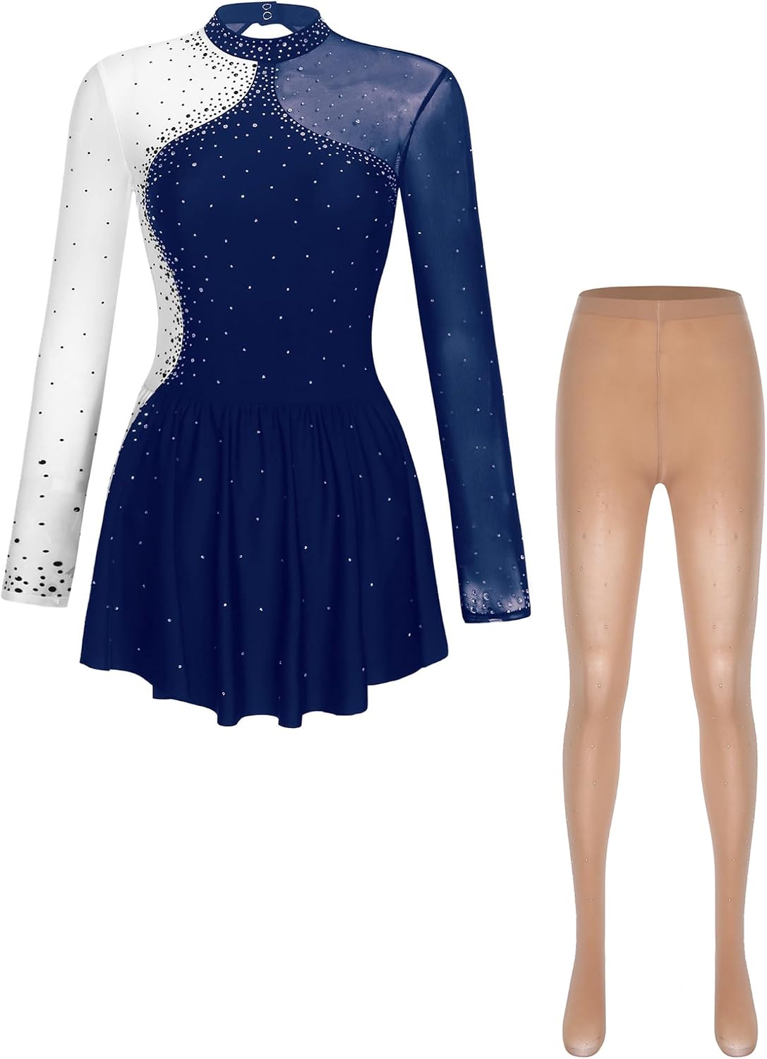 ACSUSS Women Girls Sparkly Rhinestone Long Sleeve Figure Skating Dress with Boot Tights Ice Skating Practice