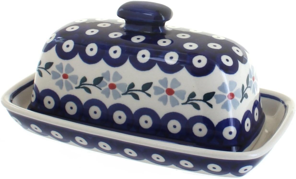Blue Rose Polish Pottery - Blue Violet Butter Dish - Fits 1 Stick - Butter Dish for Countertop Organization and Storage