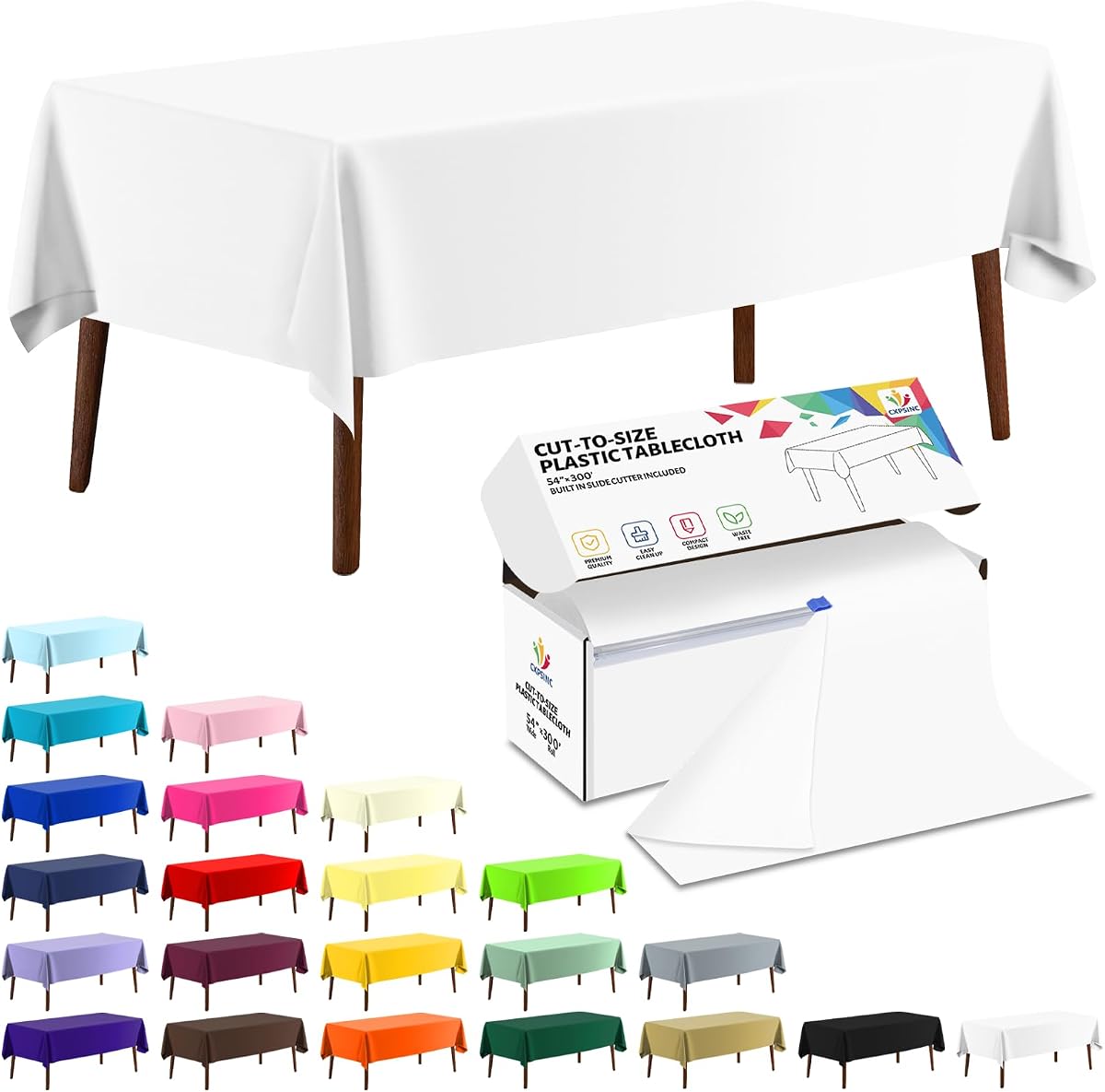 CXPSINC 54 Inch X 300 Feet Plastic Table Cover Roll Disposable Tablecloth with Slide Cutter for All Type/Shape Tables | Party, Banquet, Birthdays, Weddings(White, 300 Feet)