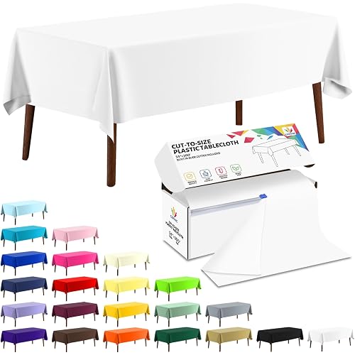 CXPSINC White Plastic Table Cloth Disposable Tablecloth Roll 54 Inch X 300 Feet Plastic Table Cover Roll with Slide Cutter for Picnics, Parties, Banquet, Birthdays, Weddings
