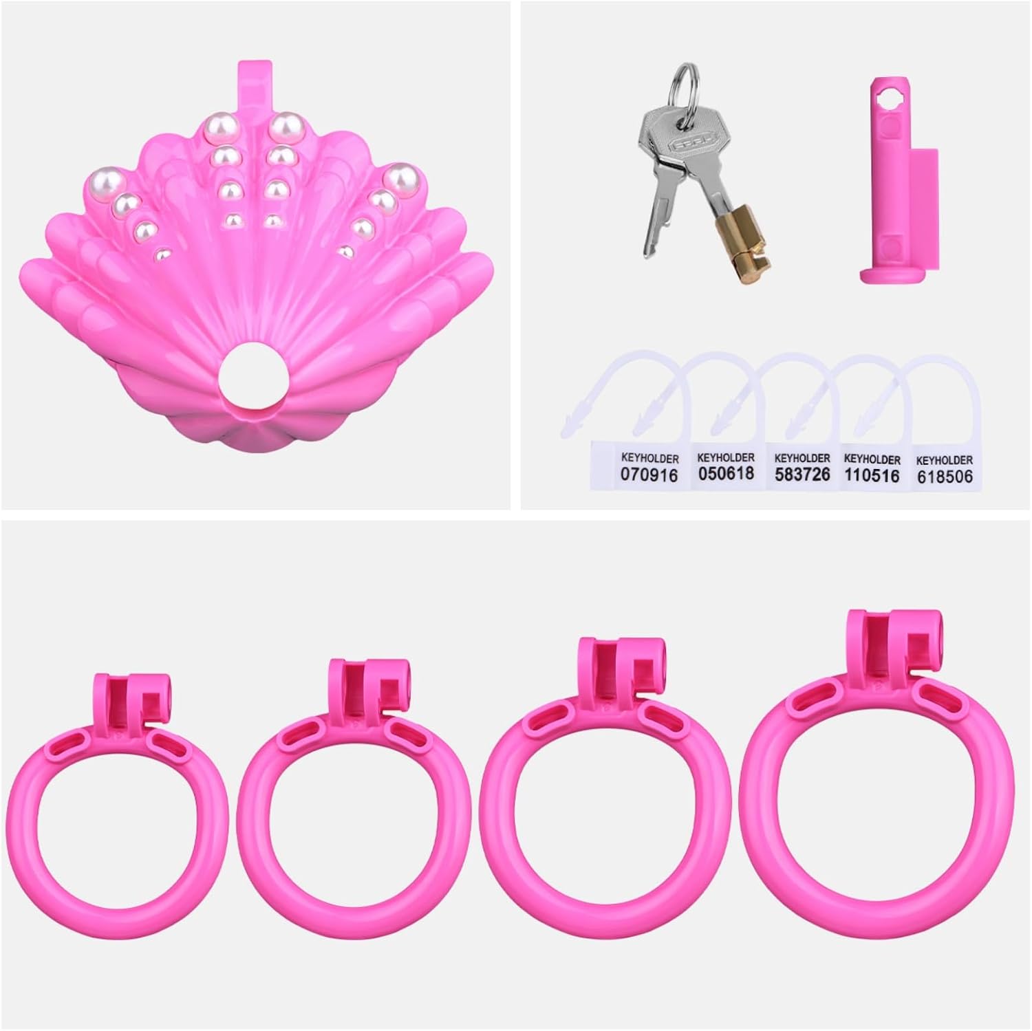 Shell-Shaped Small Chastity Cage, Breathable Male Chastity Device Cage Small Adult Sex Toy with 4 Sizes Ring - Red