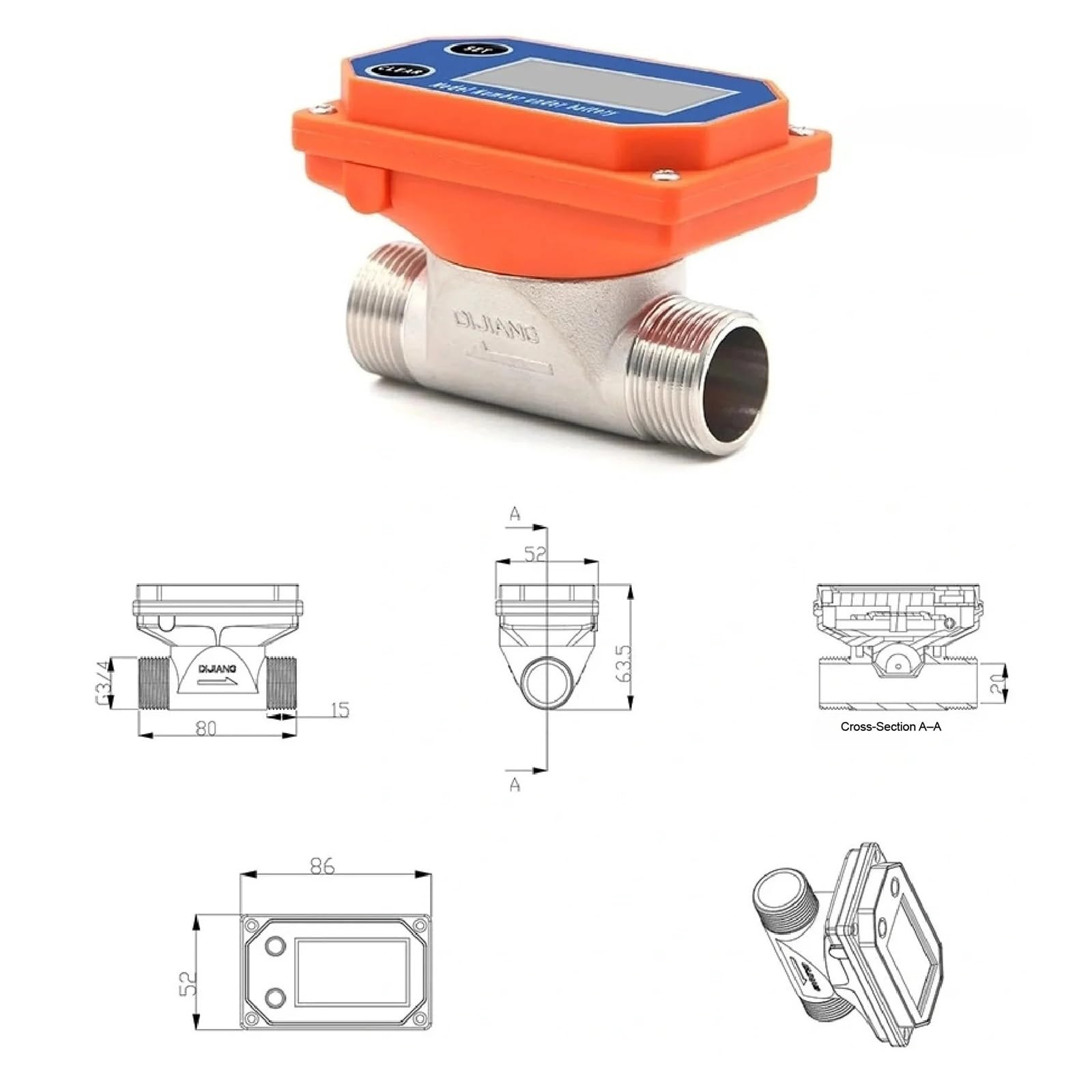 Medidor de flujo de agua electrónico DN20 con pantalla LCD, caudalímetro de turbina G3/4(A)