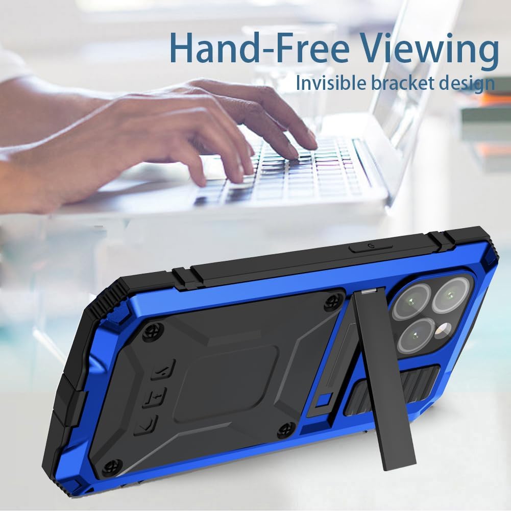 Simicoo Compatible with iPhone 15 Pro Metal Case with Screen Protector Camera Protector Military Rugged Heavy Duty Shockproof Case with Metal Kickstand Full body Tough Dustproof Case (Blue)