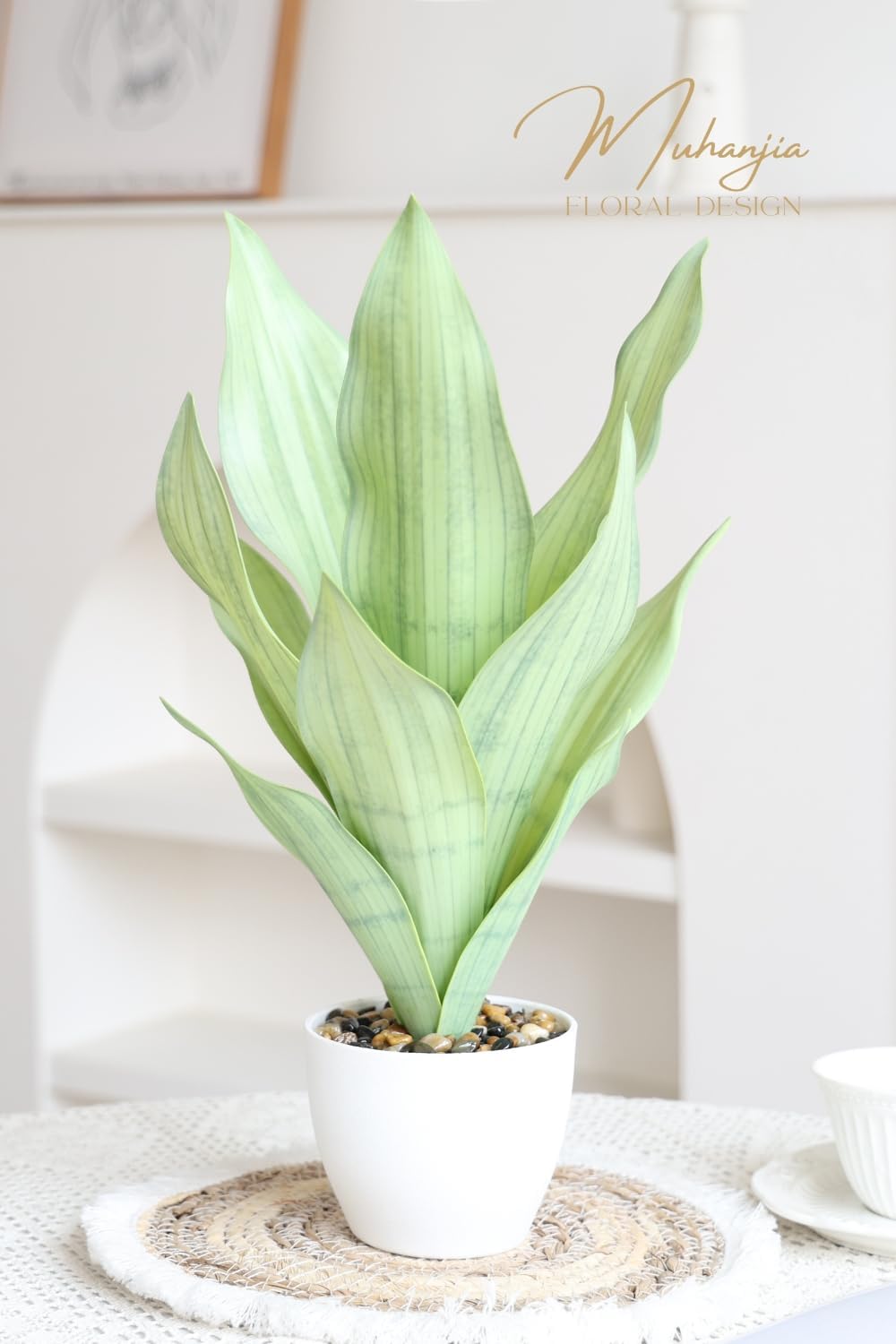 17" Artificial Snake Plant Potted,Fake Sansevieria Floor Plant Real Looking with White Planter for Centerpiece Home Decor (White&Green) - Image 3