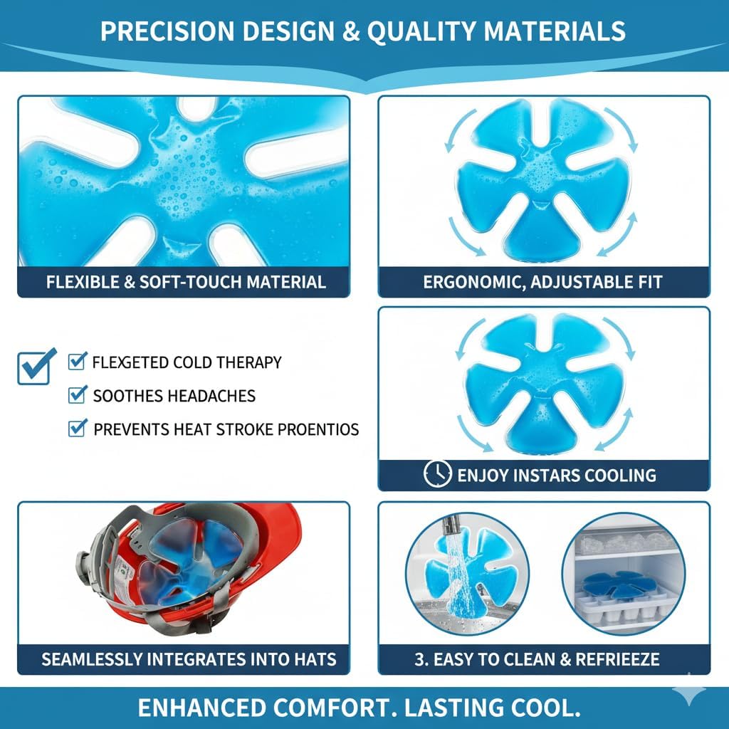 Reusable Cooling Gel Ice Packs for Hats, Adjustable Cold Therapy Headband Inserts for Hard Hats, Sun Hats, 4-Hour Relief for Construction Workers, Migraines, Heat Stroke Prevention, 4 Pack