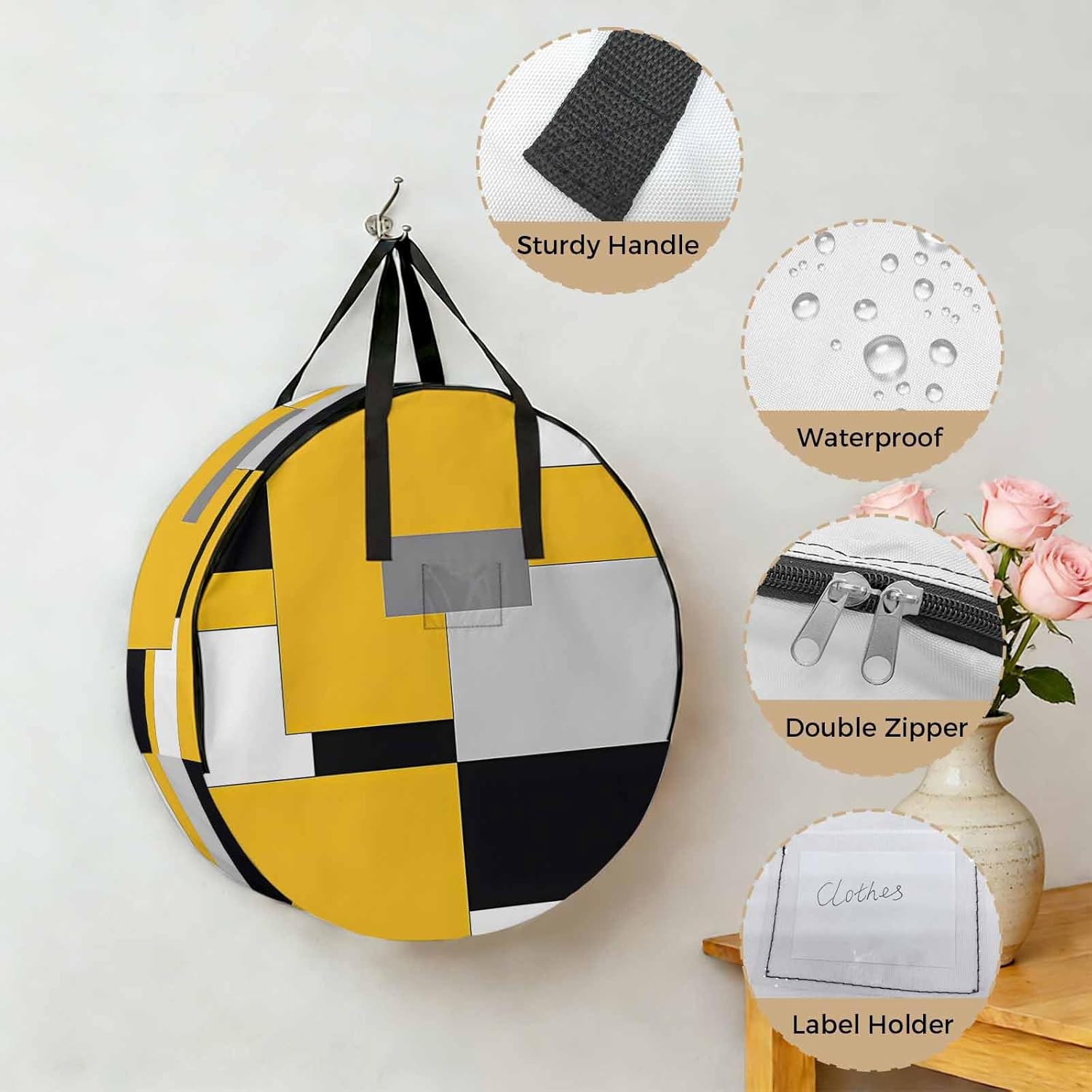 Yellow Black Patchwork Round Storage Bag 36 Inch, Abstract Geometric Art Clothes Storage Container with Handles Heavy Duty Organizer for Comforter, Bedding & Holiday Wreaths