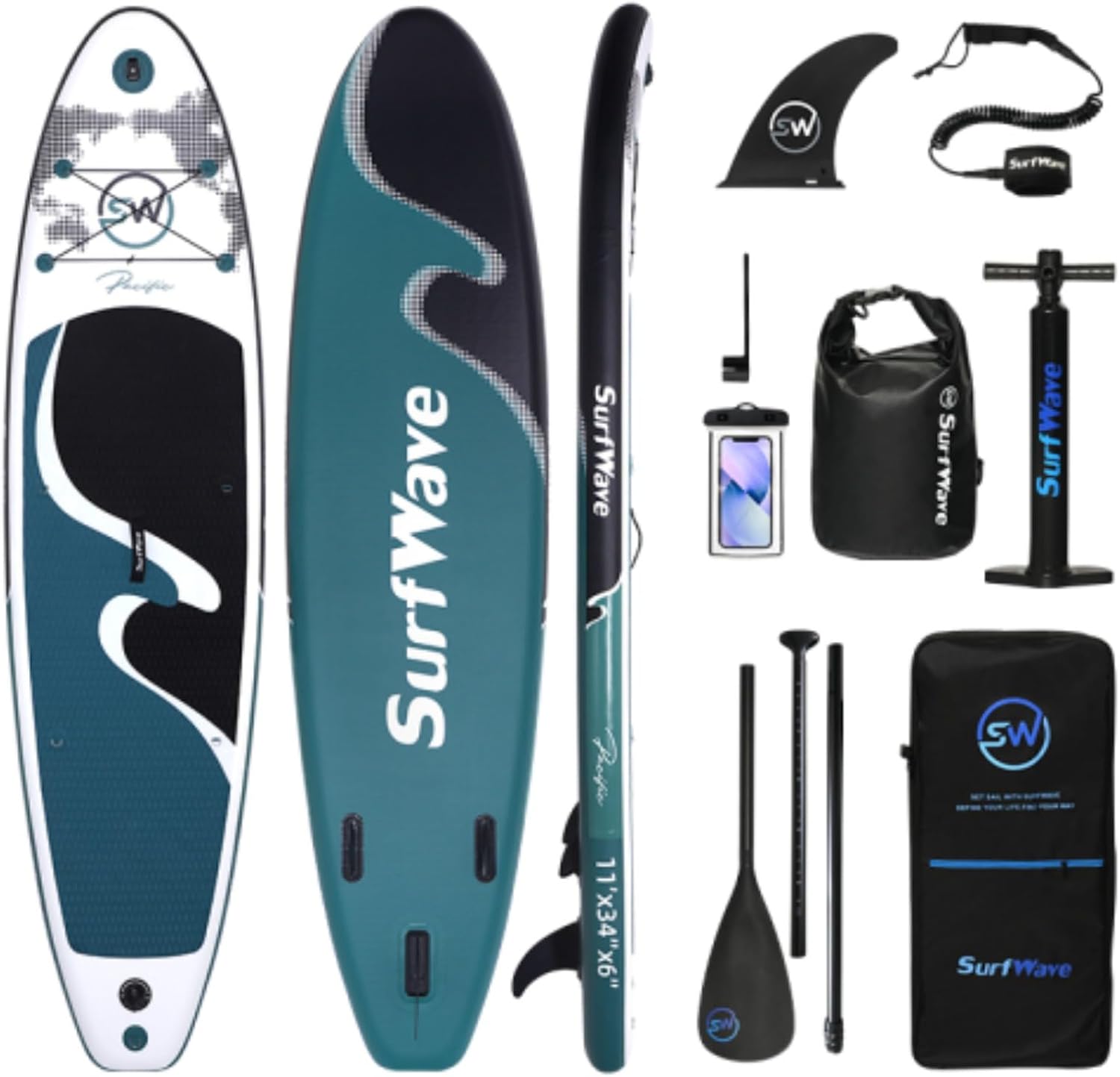 11'x34 x6 Inflatable Stand Up Paddle Board, Surfboard, Surfing Paddle Board, Balance Float Board, Universal Travel Board, PVC Brushed Material, with Accessories