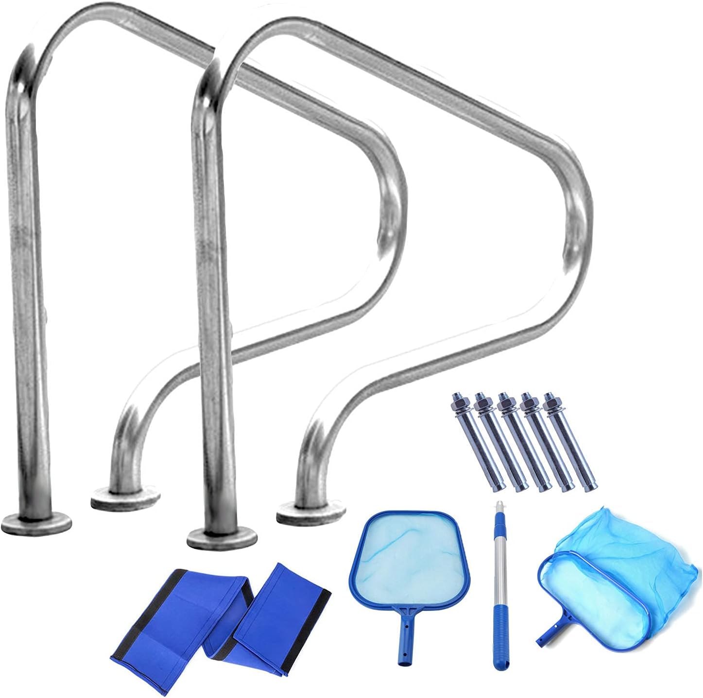 Staircase Handrails Pool Hand Rail with Blue Grip Cover and Swimming Pool Skimmer Stainless Steel Swimming Pool Handrail Pool Slides for Inground Pools 440lbs Load Capacity for Swimming Pool