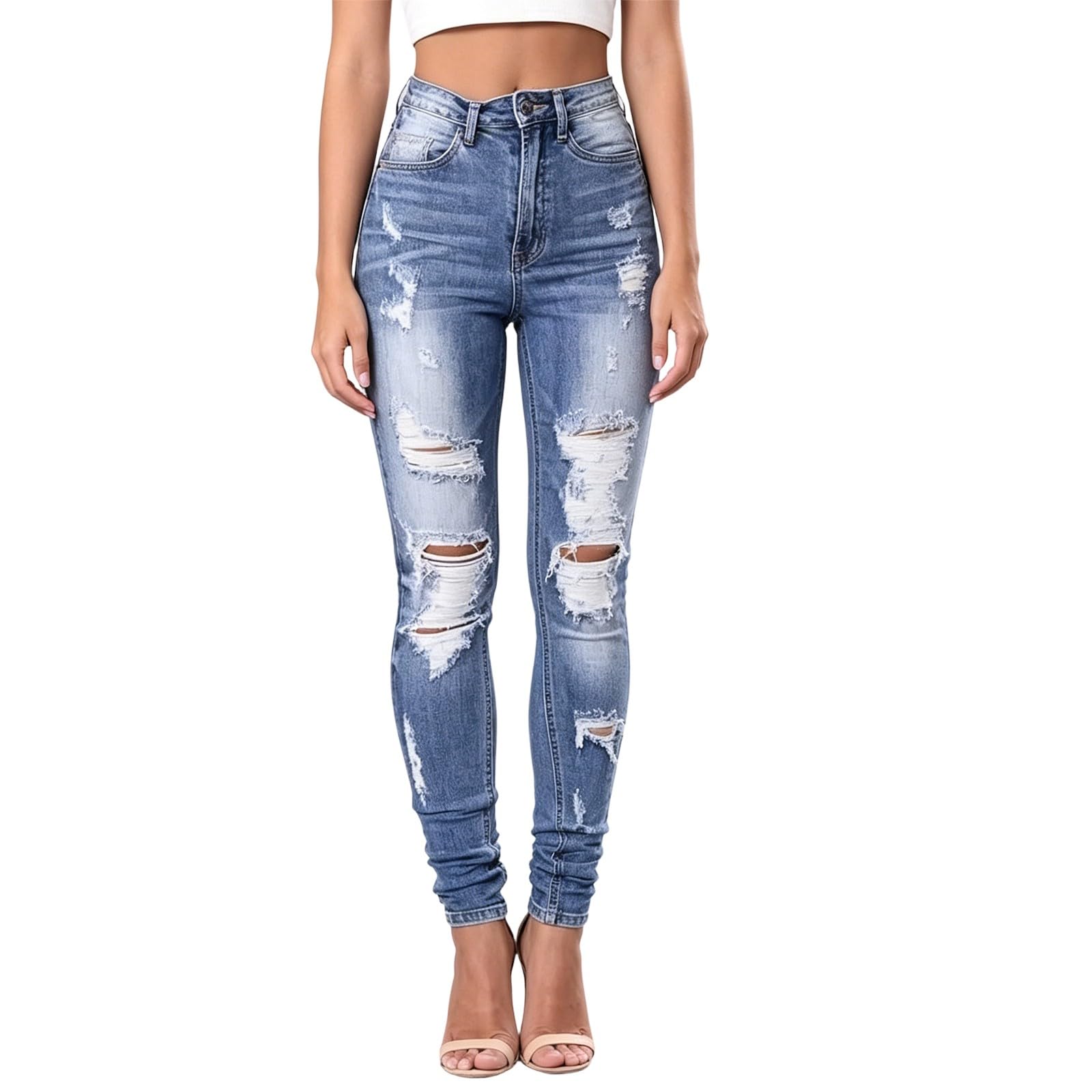 Jeans estivi da donna a vita alta, in mussola, vestibilità slim fit | Comodi pantaloni da donna strappati, vintage, in tessuto elasticizzato, pantaloni da trekking, gamba dritta