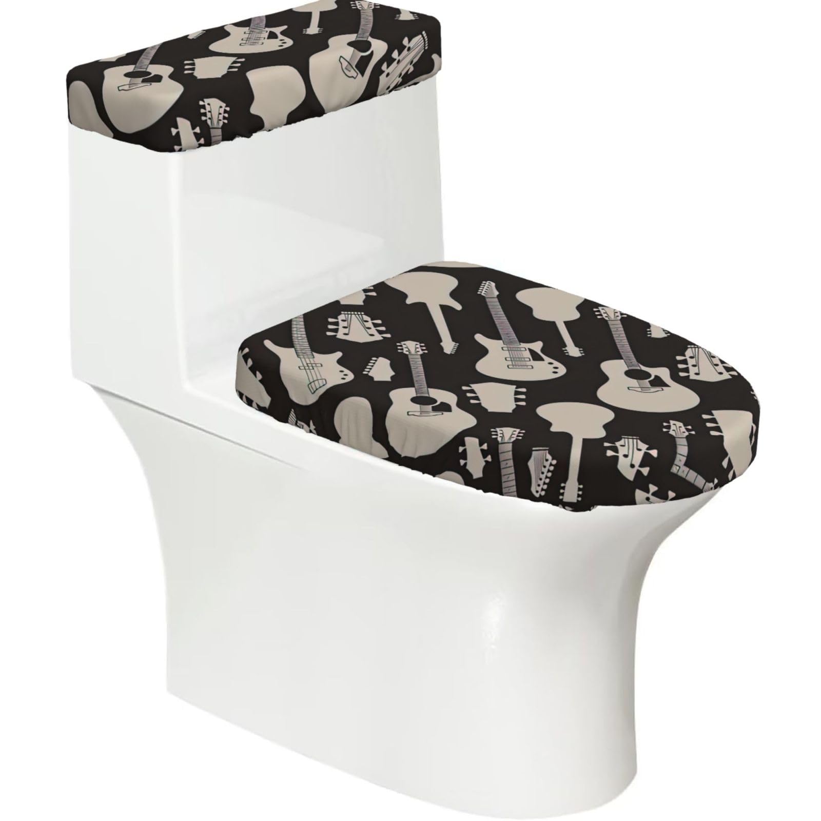 Guitar Pattern Printed Toilet Tank and Lid Cover Set of 2 for Most Bathrooms, Fits Elongated Round Toilets