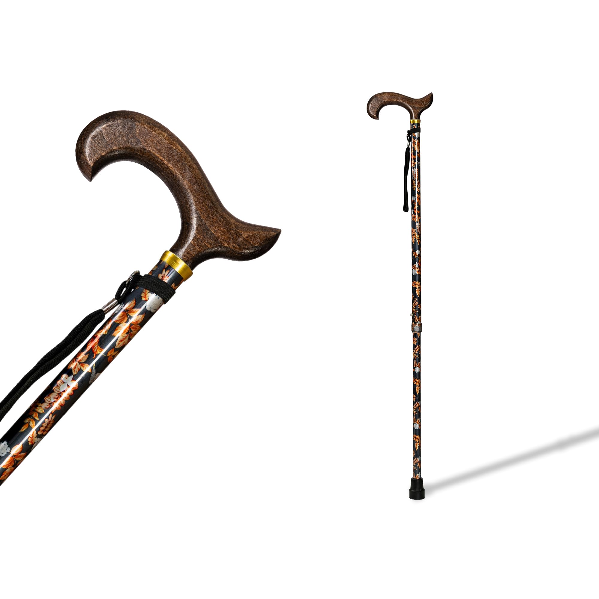 Bastón de Aluminio Extensible Regulable en Altura (74-95cm) con puño de Madera Oscuro, contera Antideslizante y Acabado Hojas otoño. Bastón muletilla para Apoyo y Ayuda a Caminar. (402FH)