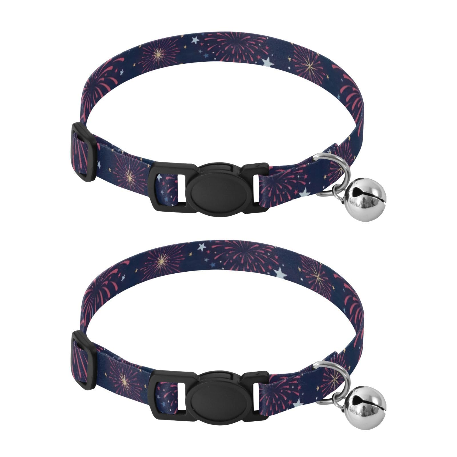 2 Pack Kitten Collars Red Blue Fireworks Navy Stars Puppy Collar with Bell, Adjustable 10.6 to 17.1 Inches