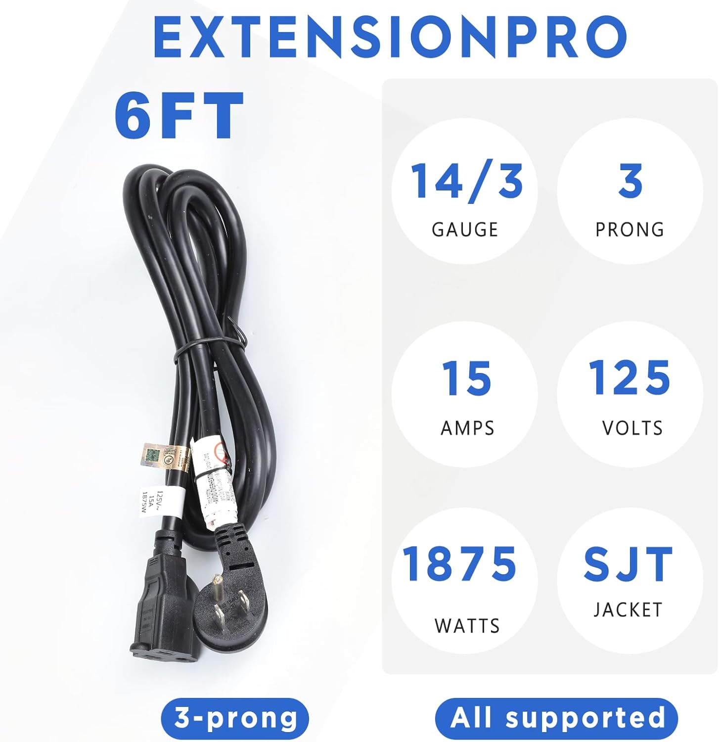 6ft Flat Plug Heavy Duty Extension Cord 1875W 15A 14AWG 3 Prong 6 Foot for Home Appliance UL Listed (Black) (1, Black)