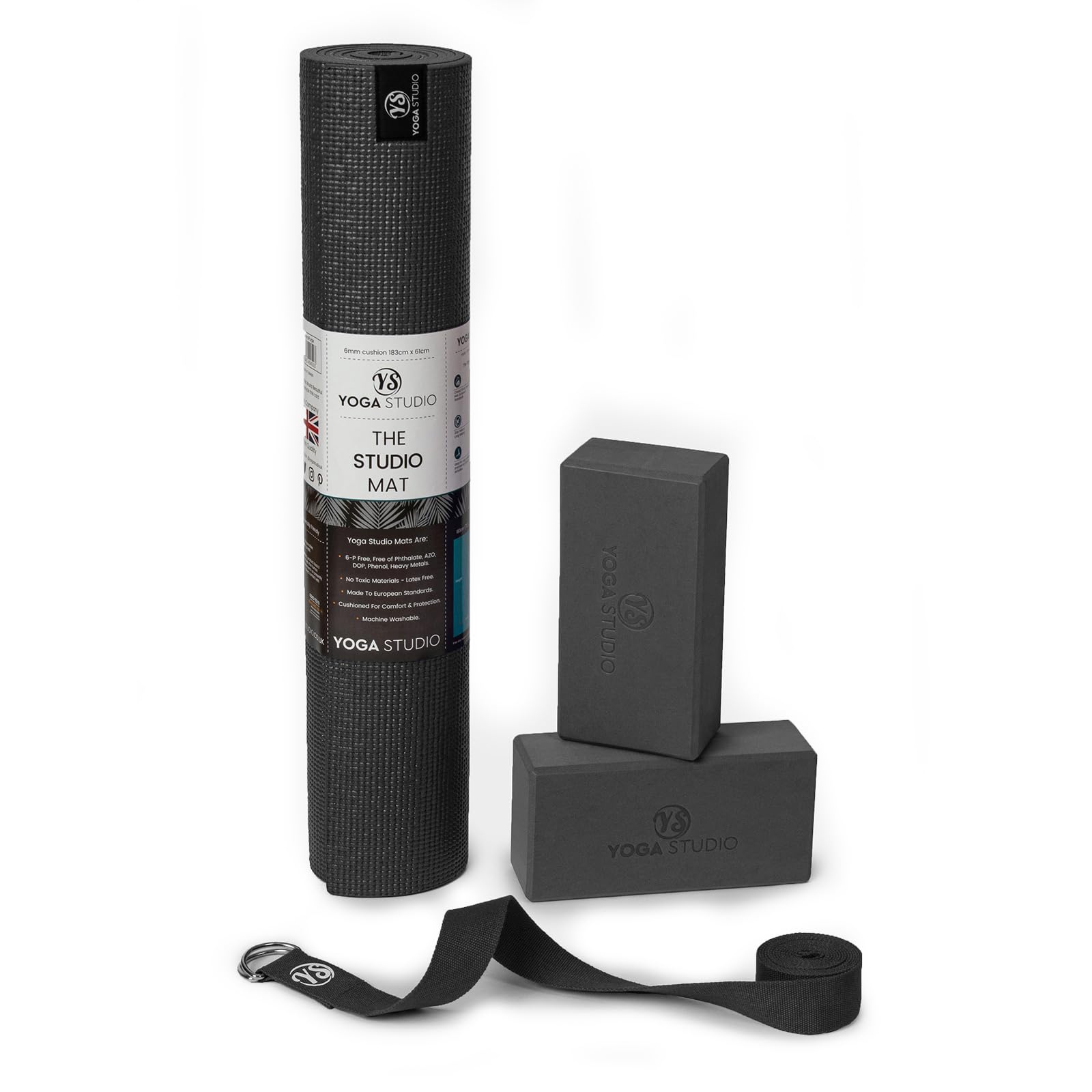 Yoga Studio Oeko-Tex Starter Yoga Set, Yoga Mat, 2 x EVA Yoga Bricks and Yoga Strap for Home, Gym, Yoga Training (Grey)
