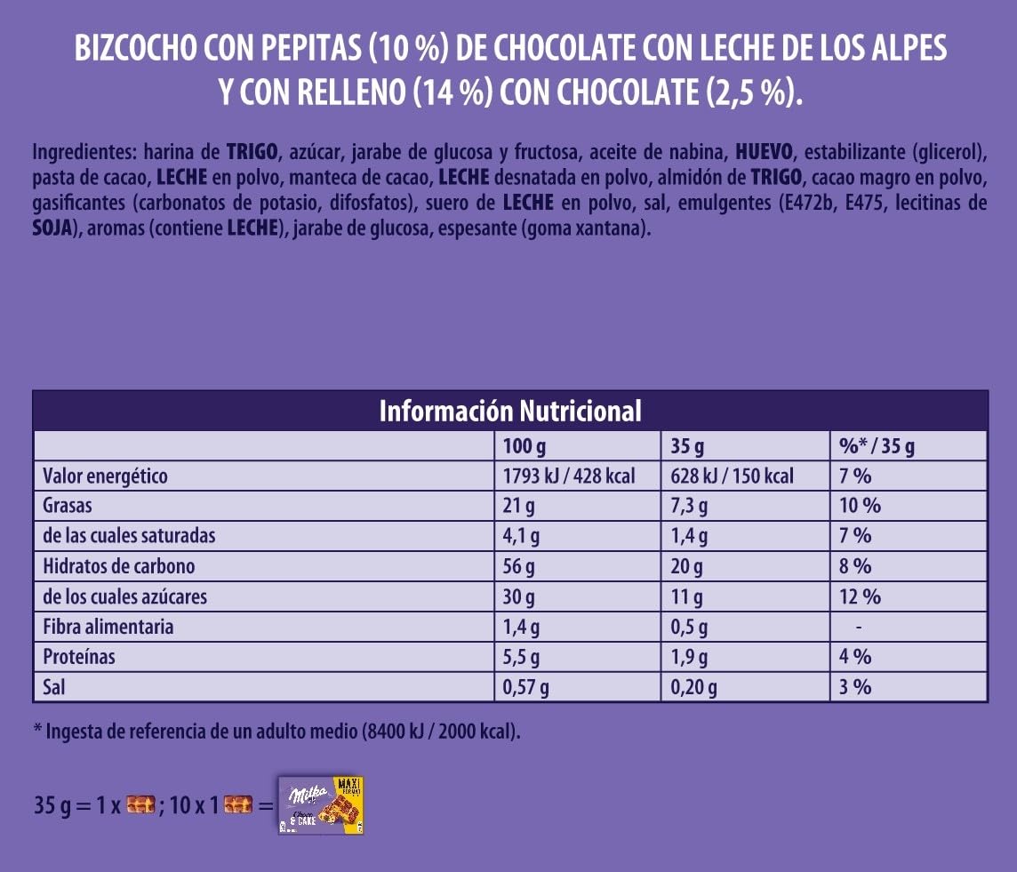 Milka Cake & Choc Bizcocho con Pepitas de Chocolate con Leche de los Alpes y Relleno de Chocolate, Formato Familiar 350g