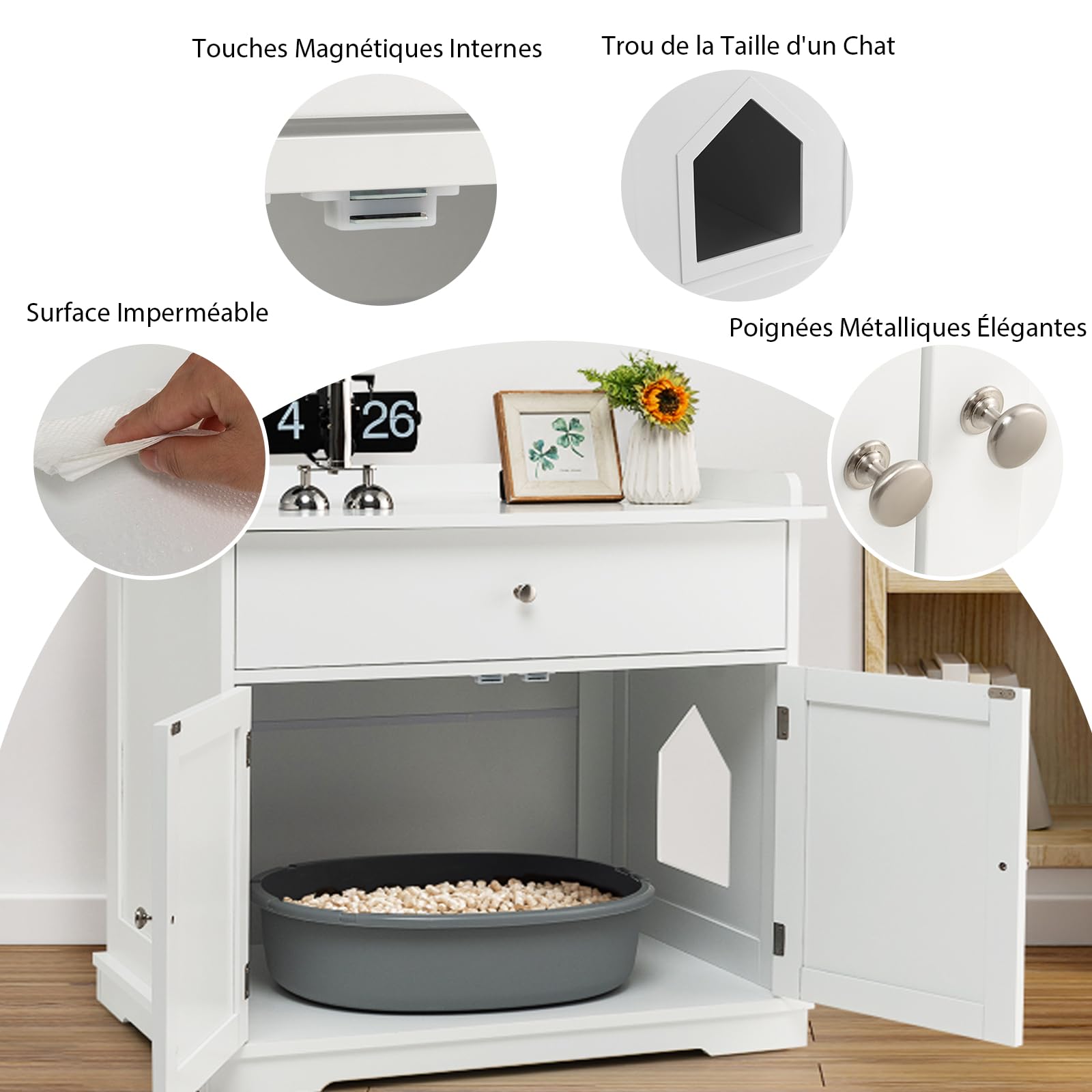 SOARS Mobile Lettiera per Gatti con 2 Ante e Cassetto, Armadio per Gatto in Legno con Ingresso Laterale, Grotta Rifugio Multiuso per Soggiorno, Camera da Letto e Ingresso, 76 x 53 x 74 cm (Bianco)