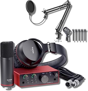Focusrite Scarlett Solo Studio 4th Gen USB Audio Interface Desktop Bundle with CM25 MkIII Mic, SH-450 Headphones, StreamEye Boom Arm, and Pop Filter 24-Bit/192kHz, Air Mode, Auto Gain