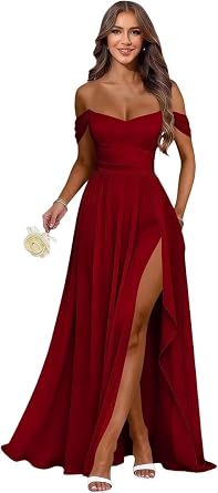 Off Shoulder Bridesmaid Dress High Slit Ruffles Chiffon Wedding Guest Formal Evening Gown for Women with Pockets