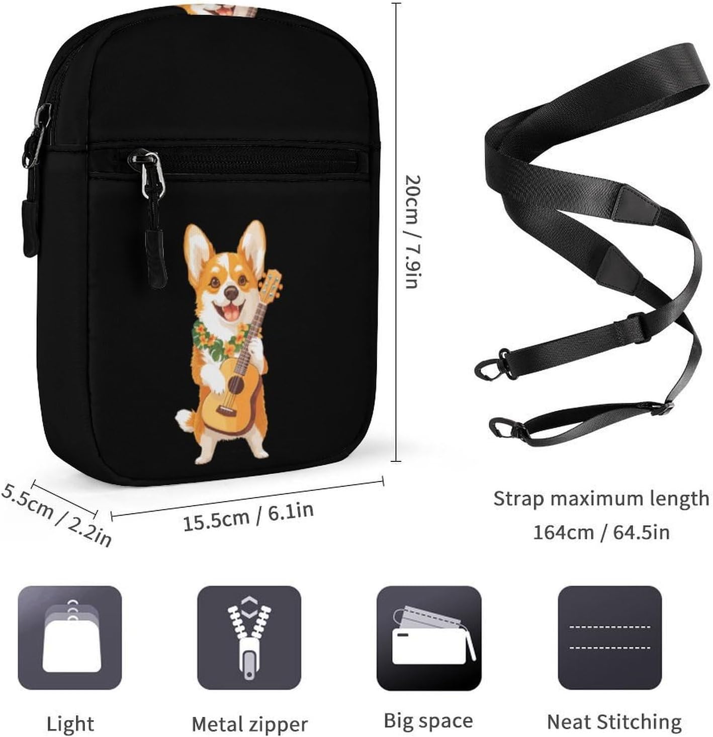 Corgi Dog Playing Ukulele Guitar Small Crossbody Bag Sling Shoulder Satchel | for women men,work travel workout,detachable and adjustable shoulder strap
