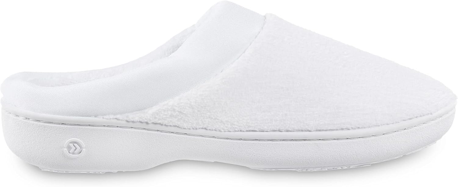 isotoner womens Terry and Satin Slip on Cushioned Slipper With Memory Foam for Indoor/Outdoor Comfort