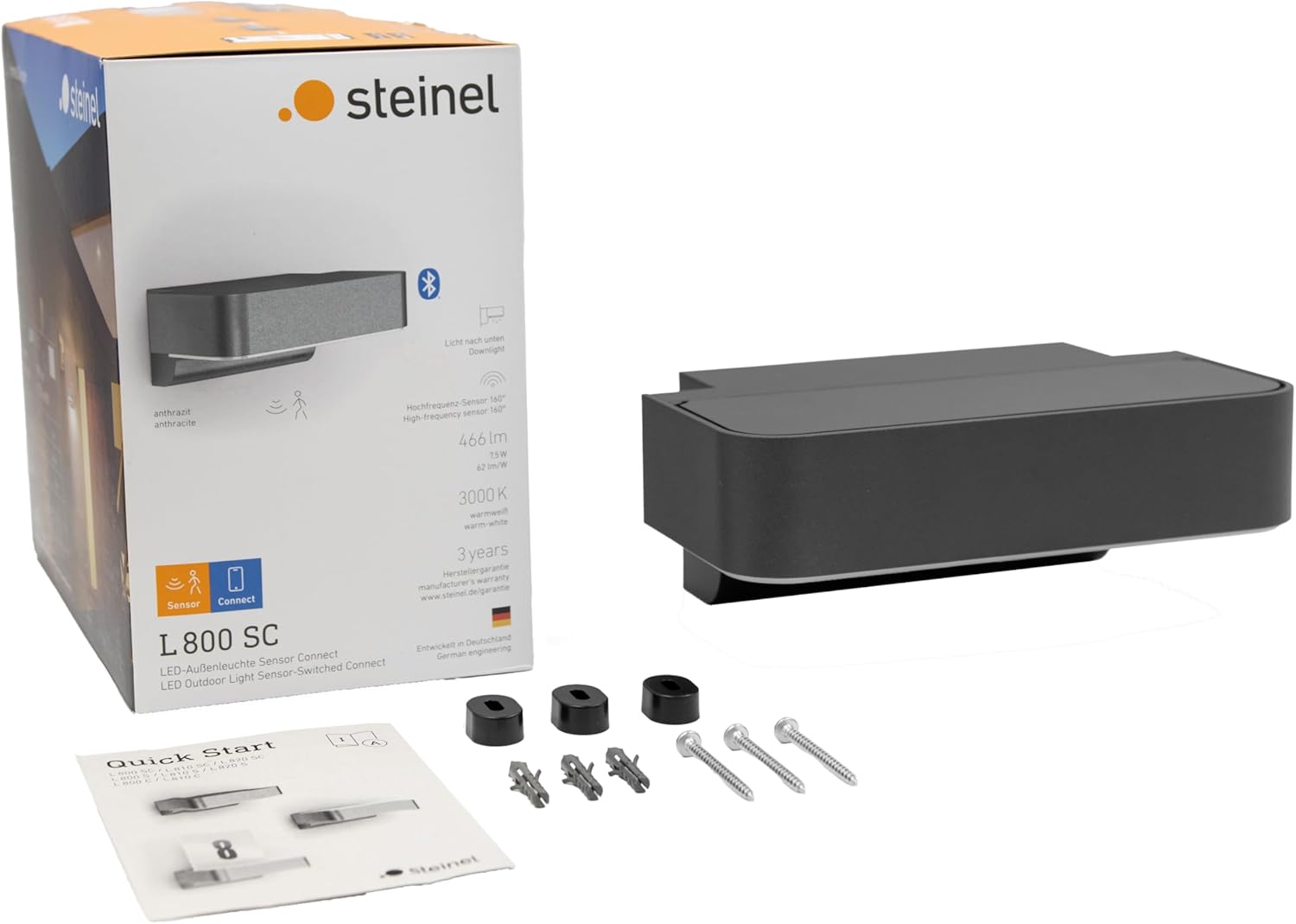 Steinel L 800 SC product packaging showing the light, mounting accessories, and quick start guide.