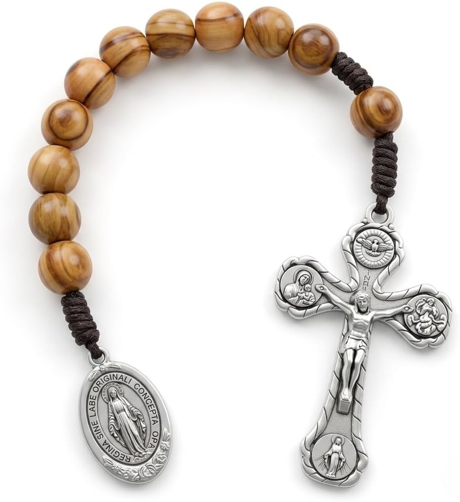 TALISMAN4U One Decade Catholic Rosary Olive Wood Beads Miraculous Medal | 10mm Prayer Beads, Holy Trinity Crucifix, Corded Tenner Pocket Chaplet, Holy Land Gift for Men & Women, Rosary Pouch