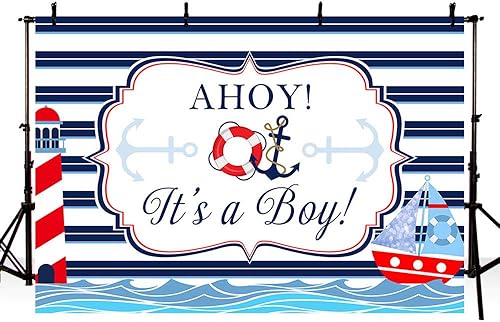 Miniatura 4 de MEHOFOND Ahoy It's A Boy - Telón de fondo náutico para decoración de baby shower, fondo de rayas azul marino, ancla de faro de mar rojo, suministros