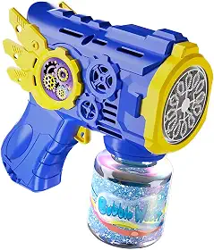 Pistola de Bolhas de Sabão Infantil Automática com Luz LED e Múltiplas Saídas – Tanque Recarregável, Fácil de Usar, Plástico Resistente Asas (Azul)