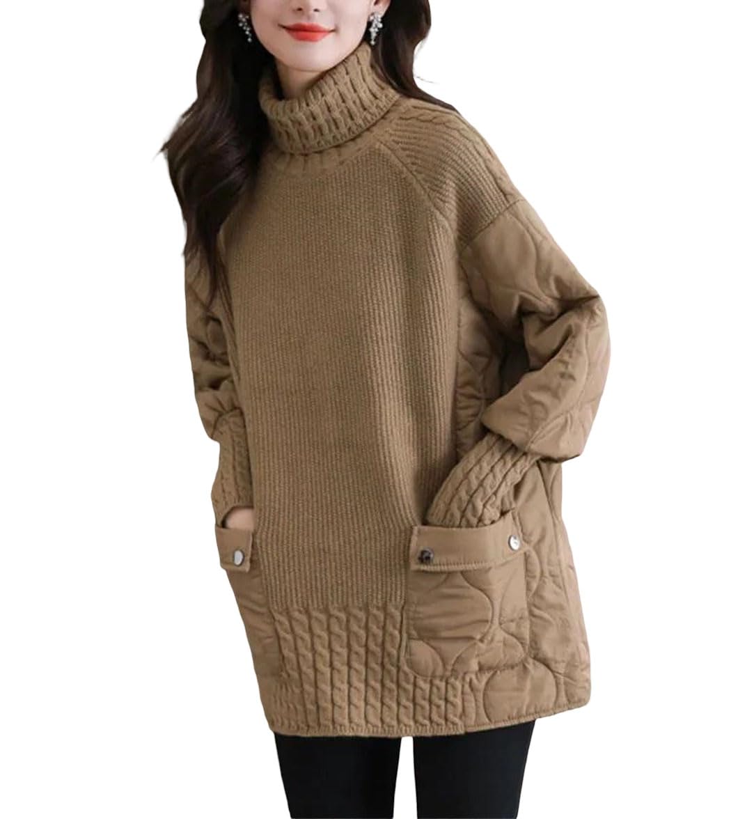 Womens Turtleneck Patchwork Sweater Jumpers Casual Warm Knitted Pullover Loose Korean Fashion Soft Blend Top