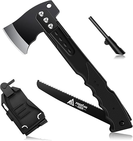 Freelander Hacha Multiuso Afilada 5 en 1 con Sierra, Hacha de Supervivencia con Funda y Silbato, 34CM Hacha de Camping, Hacha de Dividir al Aire Libre, para Camping Senderismo Supervivencia, Negro