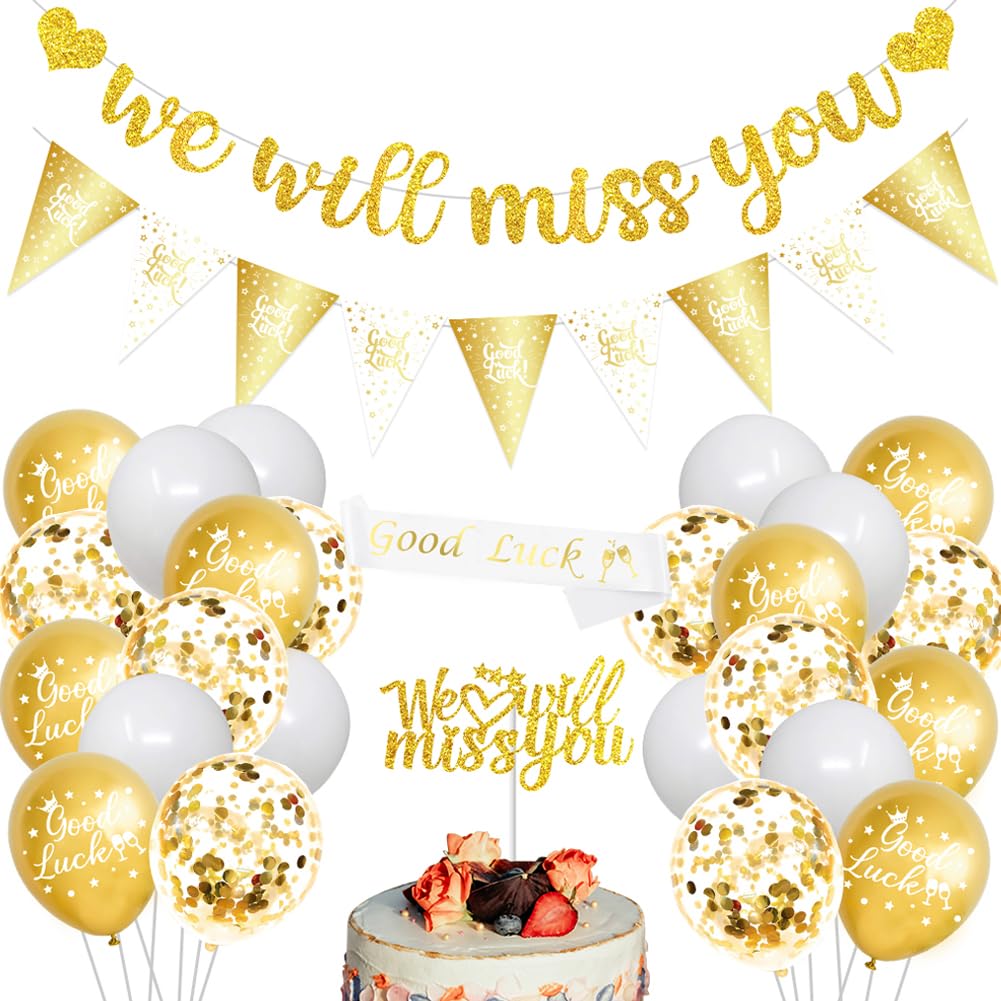 We Will Miss You Banner Leaving Party Decorations with Good Luck Balloons Triangle Flag Banner Good Luck Sash Cake Topper for Retirement Graduation Going Away Farewell Decorations (Gold)