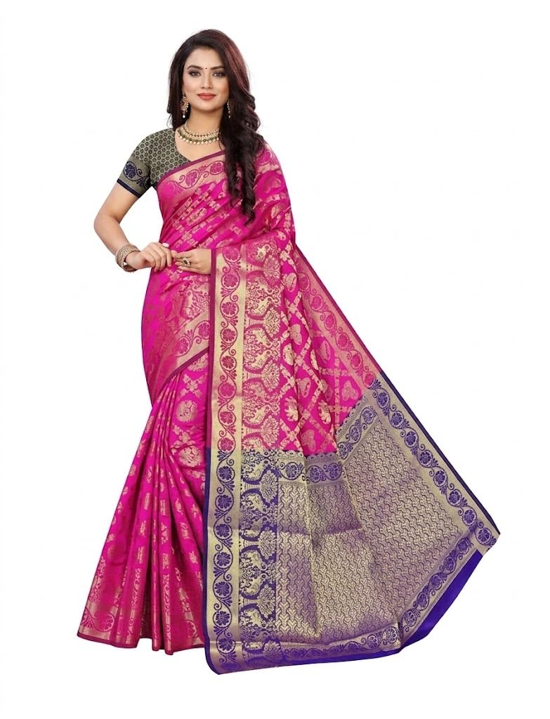 indian fashionista Women's Pure Kanjivaram Silk Saree Soft Design Zari & Jacquard Woven Design | Contrast Pallu With Blouse Piece For Wedding-picture-25