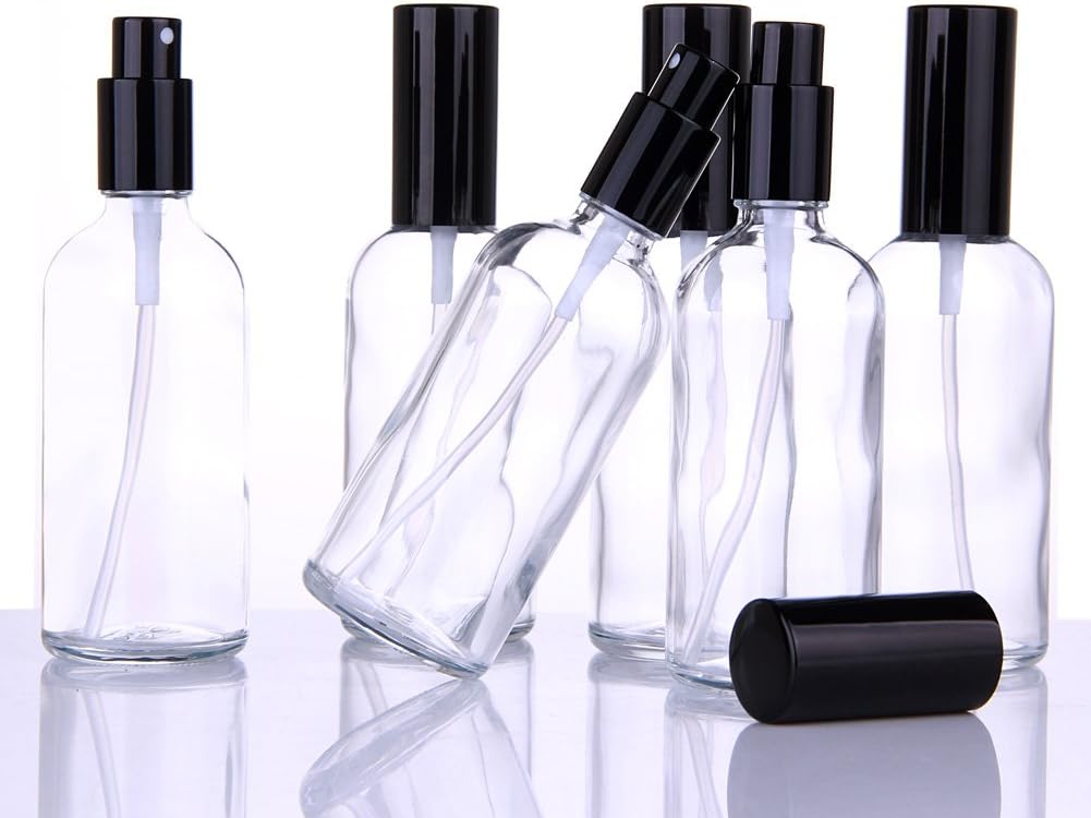 Small Clear Glass Spray Bottles for Aromatherapy Essential Oils – Refillable 4 oz Fine Mist Sprayers with black Tops, 6 PACK Set