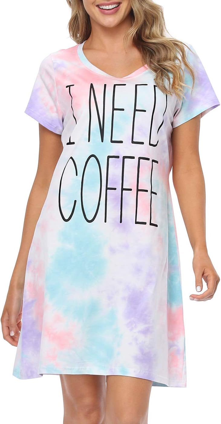 HDE Womens Cotton Sleepwear Nightgowns Short Sleeve Sleepshirt Print Night Shirt Loungewear Pajama Shirt Dress Plus Size S-5X