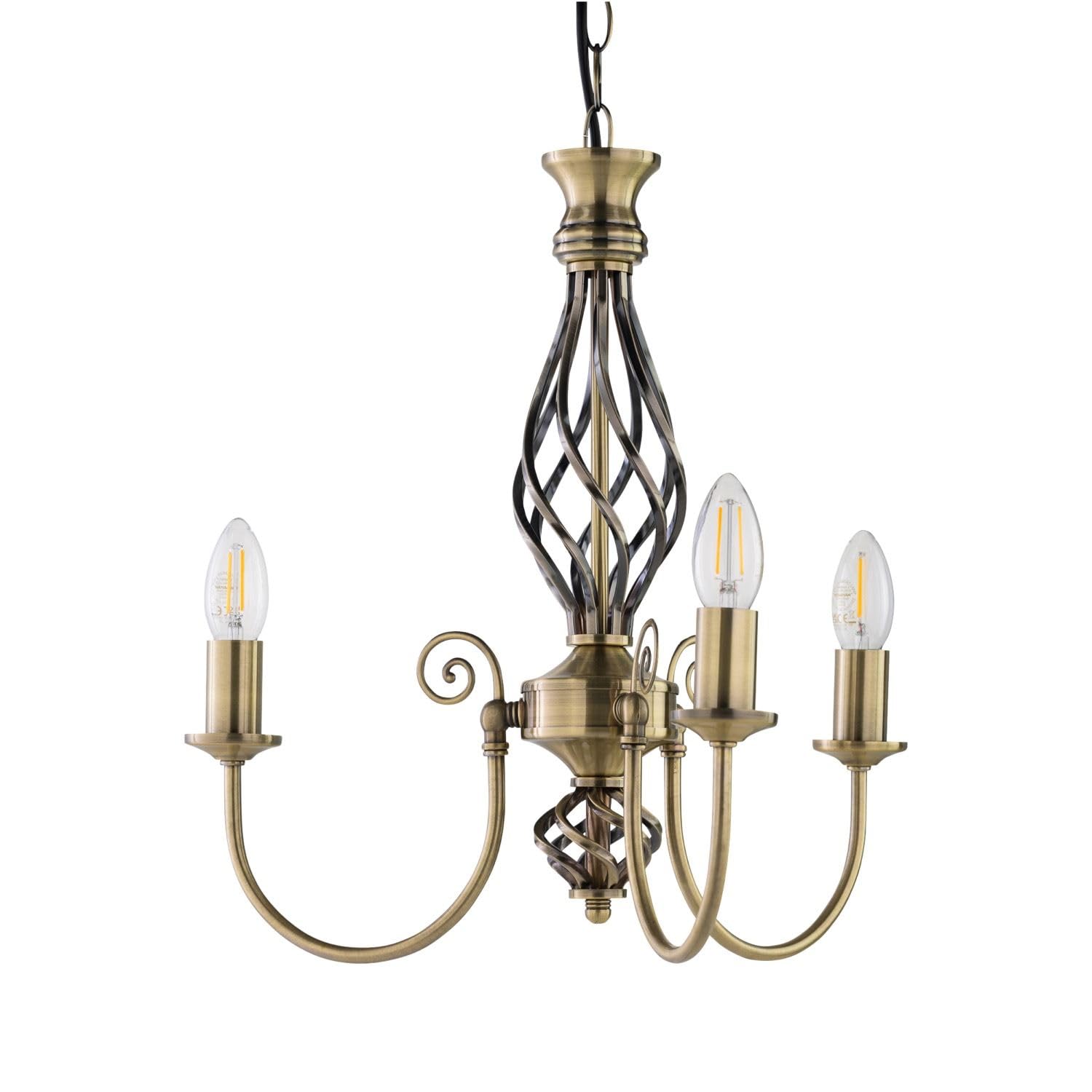 firstchoicelighting Antique Brass Ceiling Light, Classic Barley Twist Design 3 Arm Pendant Light, Height Adjustable, LED Compatible